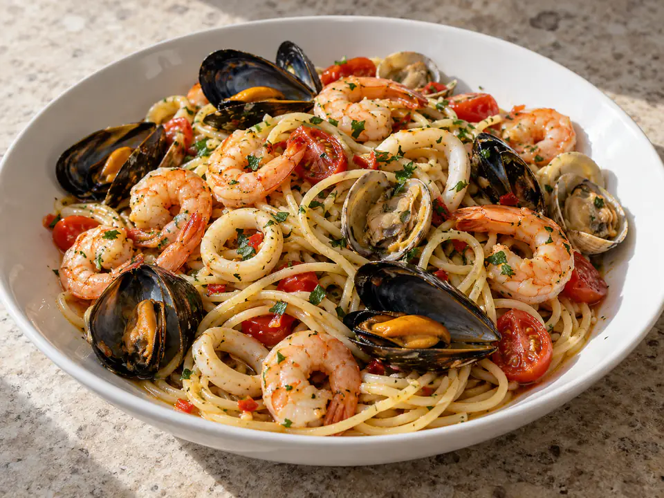 Pasta pescatora con spaghetti, cozze, vongole, gamberi e pomodorini in un piatto fondo bianco