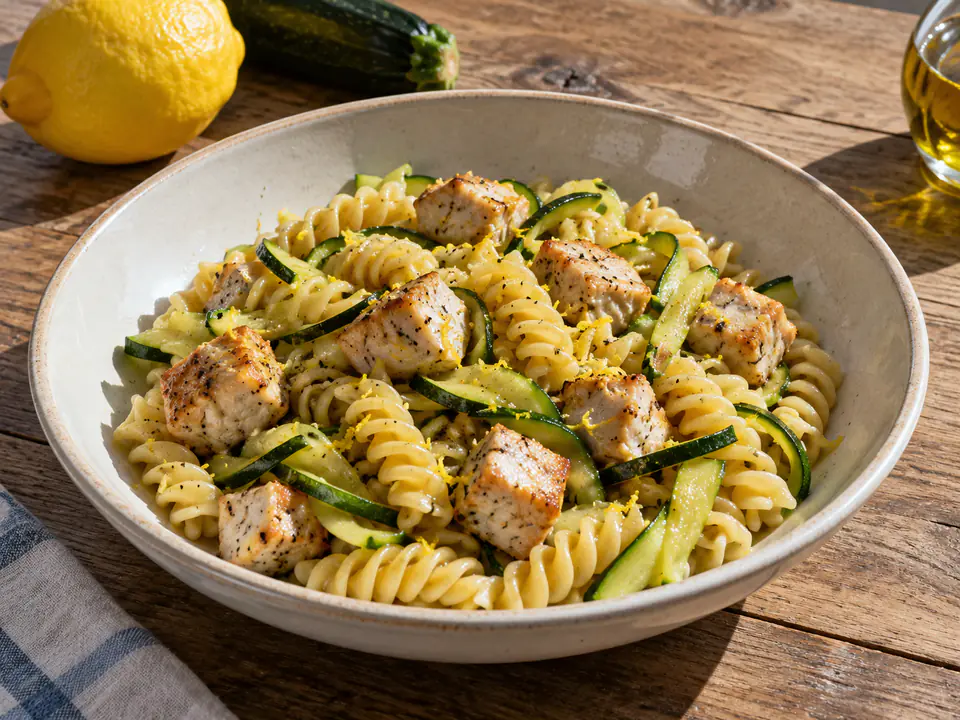 Pasta pesce spada e zucchine servita calda con fusilli, dadini di pesce e fili di zucchina
