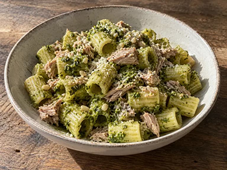 Pasta pesto e tonno con mezze maniche cremose, pesto fresco al basilico e tonno morbido in superficie