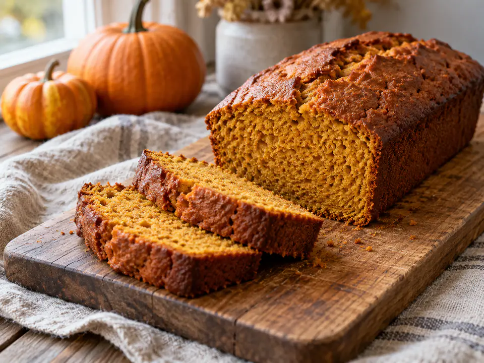 Plumcake alla zucca alto e dorato con una fetta tagliata che mostra mollica arancione in luce naturale