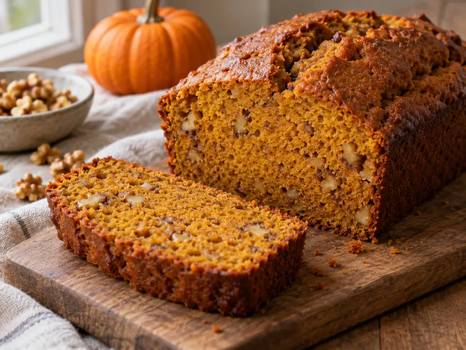 Pumpkin bread americano a fette, mollica arancione speziata con noci visibili in luce naturale