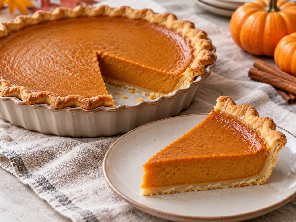 Pumpkin pie tagliata a fette con guscio di pasta brisée dorato e ripieno arancione liscio e compatto