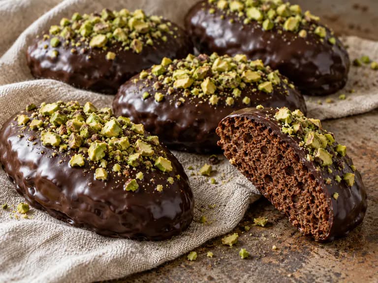 Rame di Napoli ovali al cacao con glassa fondente lucida e pistacchi tritati in luce naturale