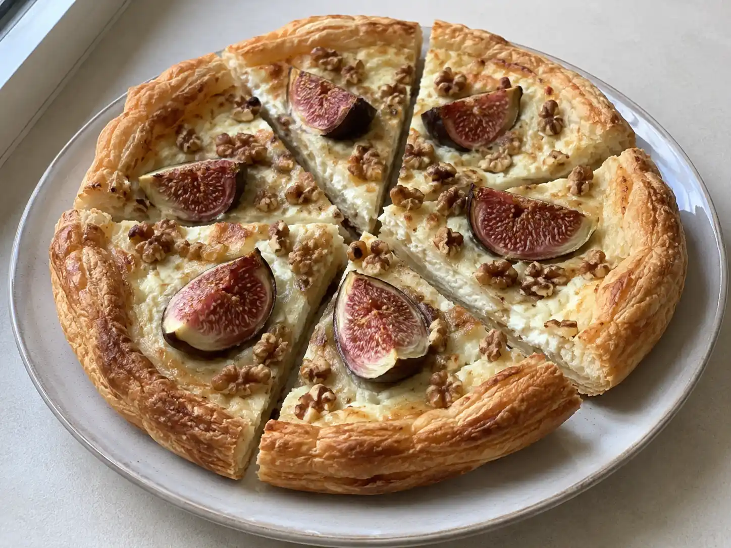 Ricette con fichi: torta salata dorata con fichi freschi, caprino cremoso e noci sulla pasta sfoglia