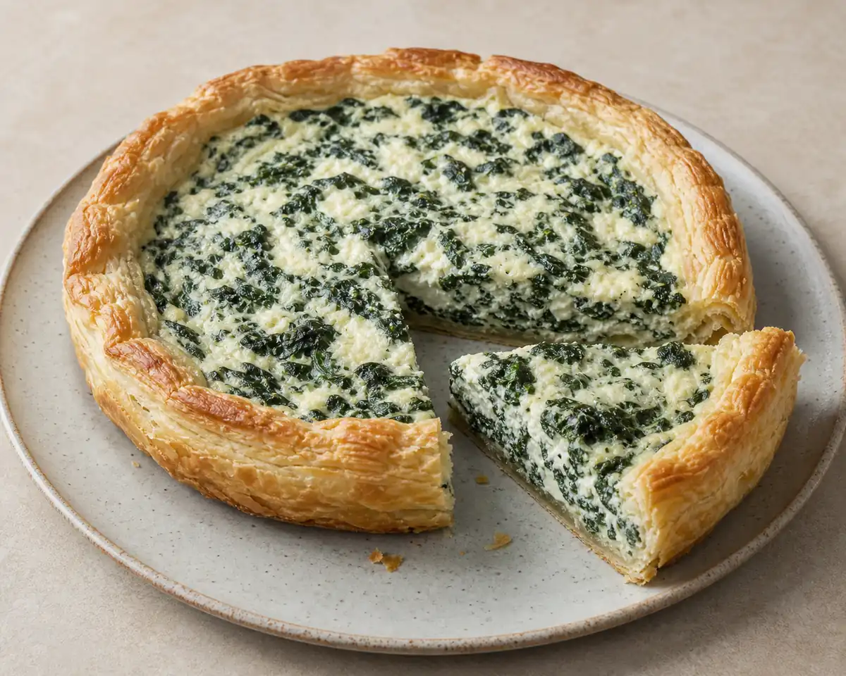 Ripieni per torta salata ricotta e spinaci in sfoglia dorata, fetta compatta e cremosa