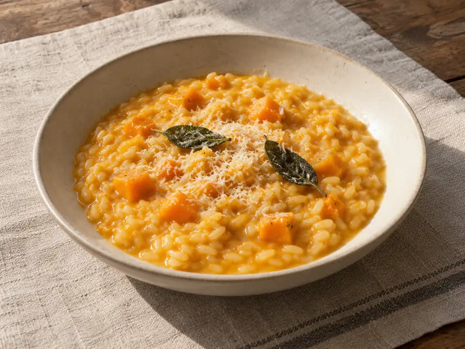 Risotto alla zucca cremoso nel piatto, con chicchi di Carnaroli distinti, cubetti di zucca e foglie di salvia