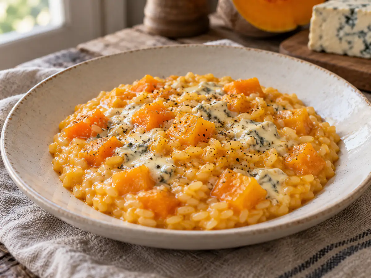 Risotto zucca e gorgonzola arancione e cremoso in un piatto chiaro, con cubetti di zucca e formaggio fuso
