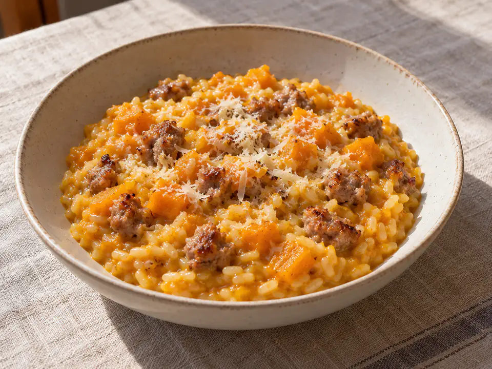 Risotto zucca e salsiccia cremoso nel piatto, con cubetti arancioni di zucca e bocconcini di salsiccia rosolata