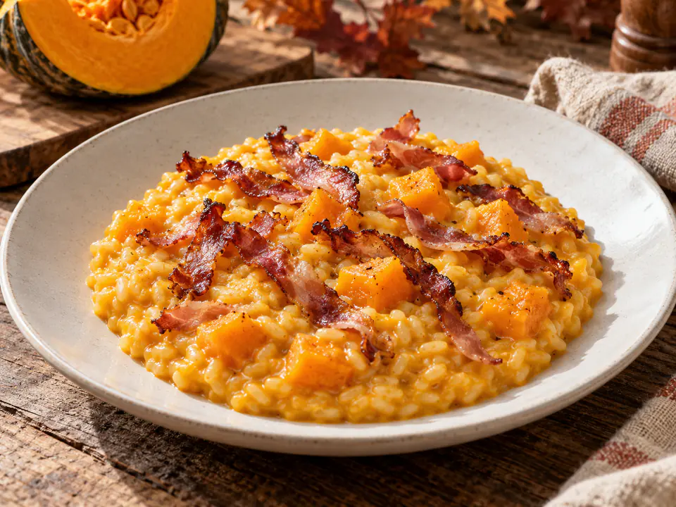 Risotto zucca e speck arancione e cremoso in un piatto chiaro, con striscioline di speck croccante sopra