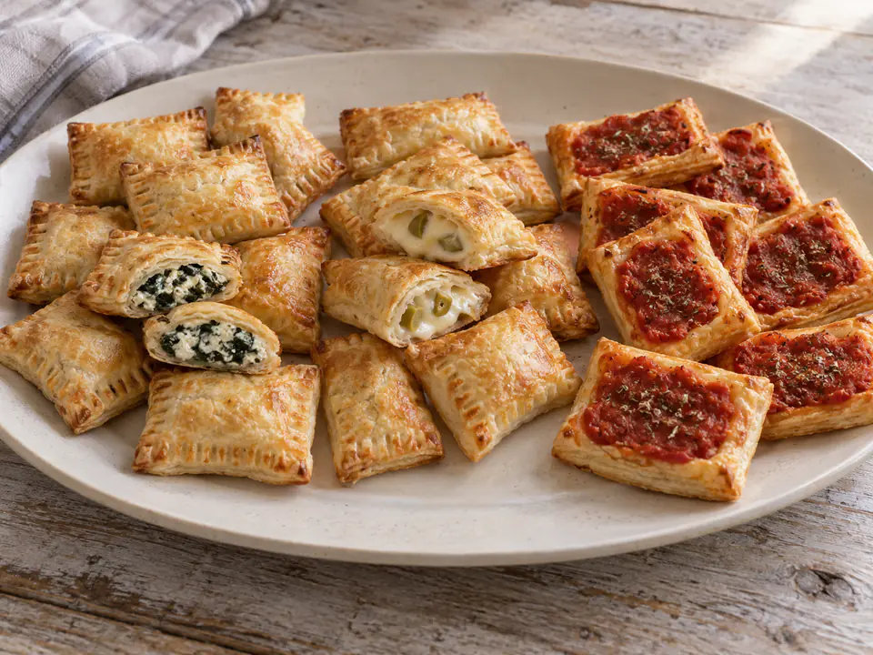Salatini di pasta sfoglia assortiti, con fagottini di ricotta e spinaci, formaggio e olive, e pizzette aperte al pomodoro
