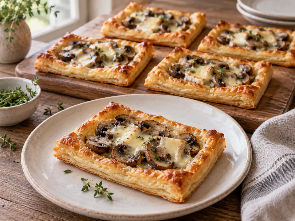 Sfogliatine ai funghi e taleggio, rettangoli aperti di pasta dorata con funghi affettati e piccoli pezzi di formaggio fuso