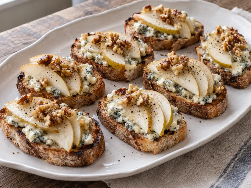 Tartine con pere, gorgonzola e noci su pane tostato, con fettine di pera con buccia e piccoli gherigli spezzati