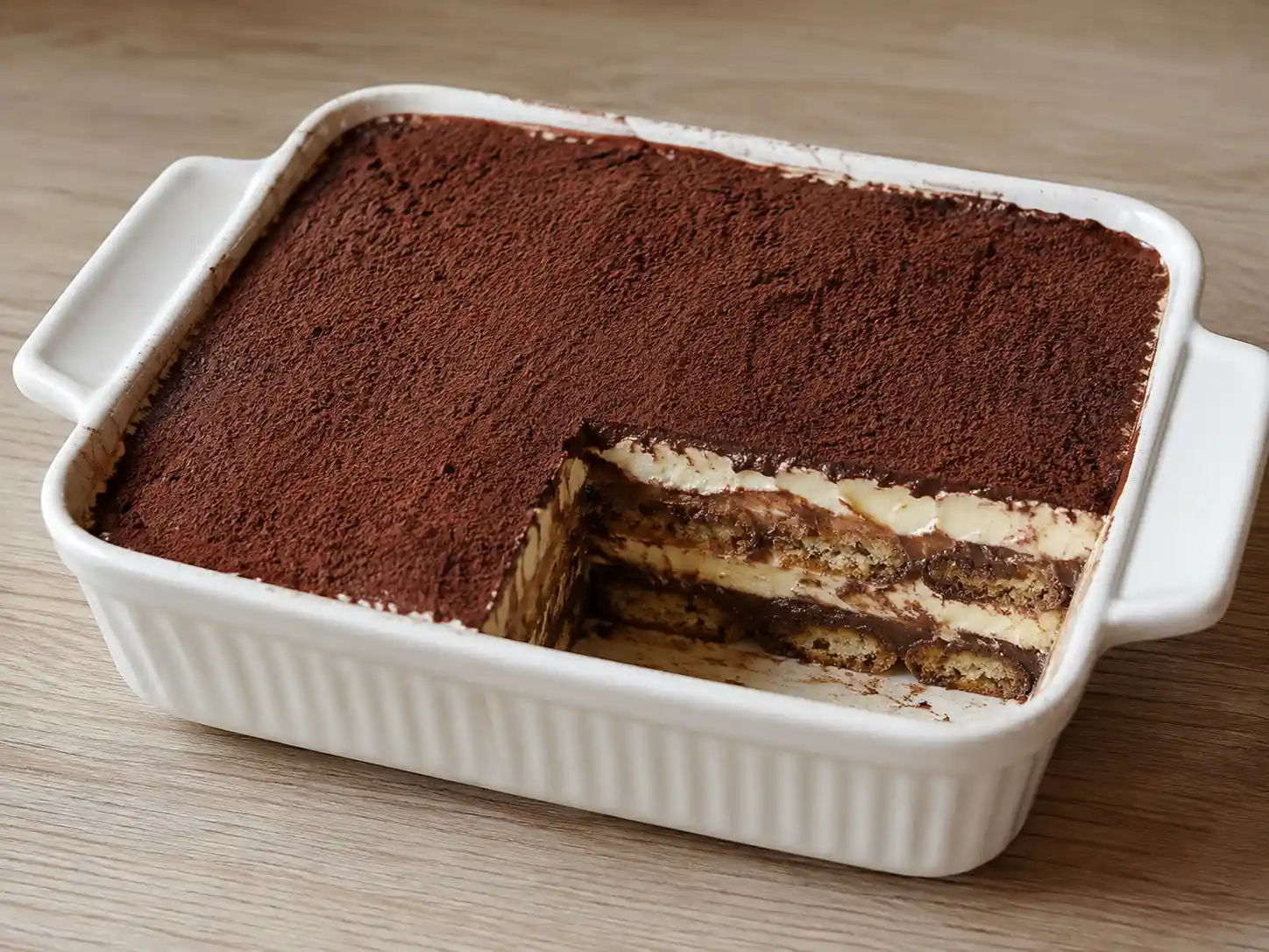 Tiramisù alla Nutella in teglia con cacao amaro, crema al mascarpone e savoiardi al caffè
