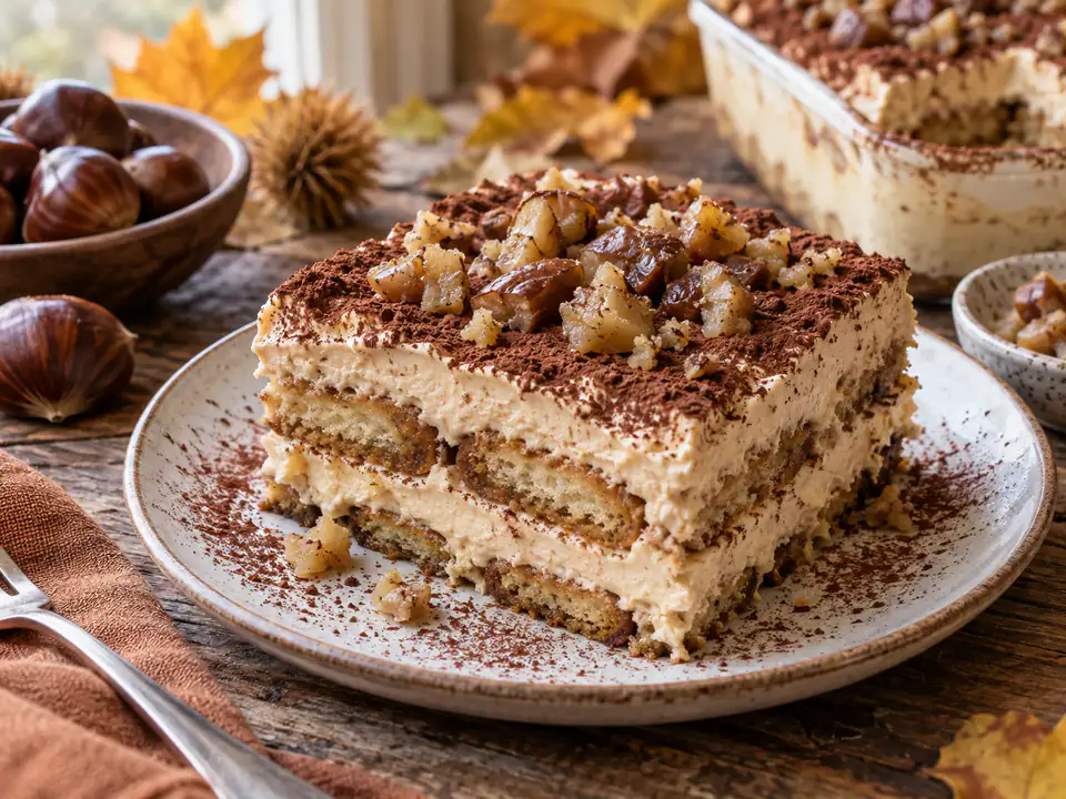 tiramisù alle castagne fatta in casa, servita con consistenza e ingredienti principali ben visibili
