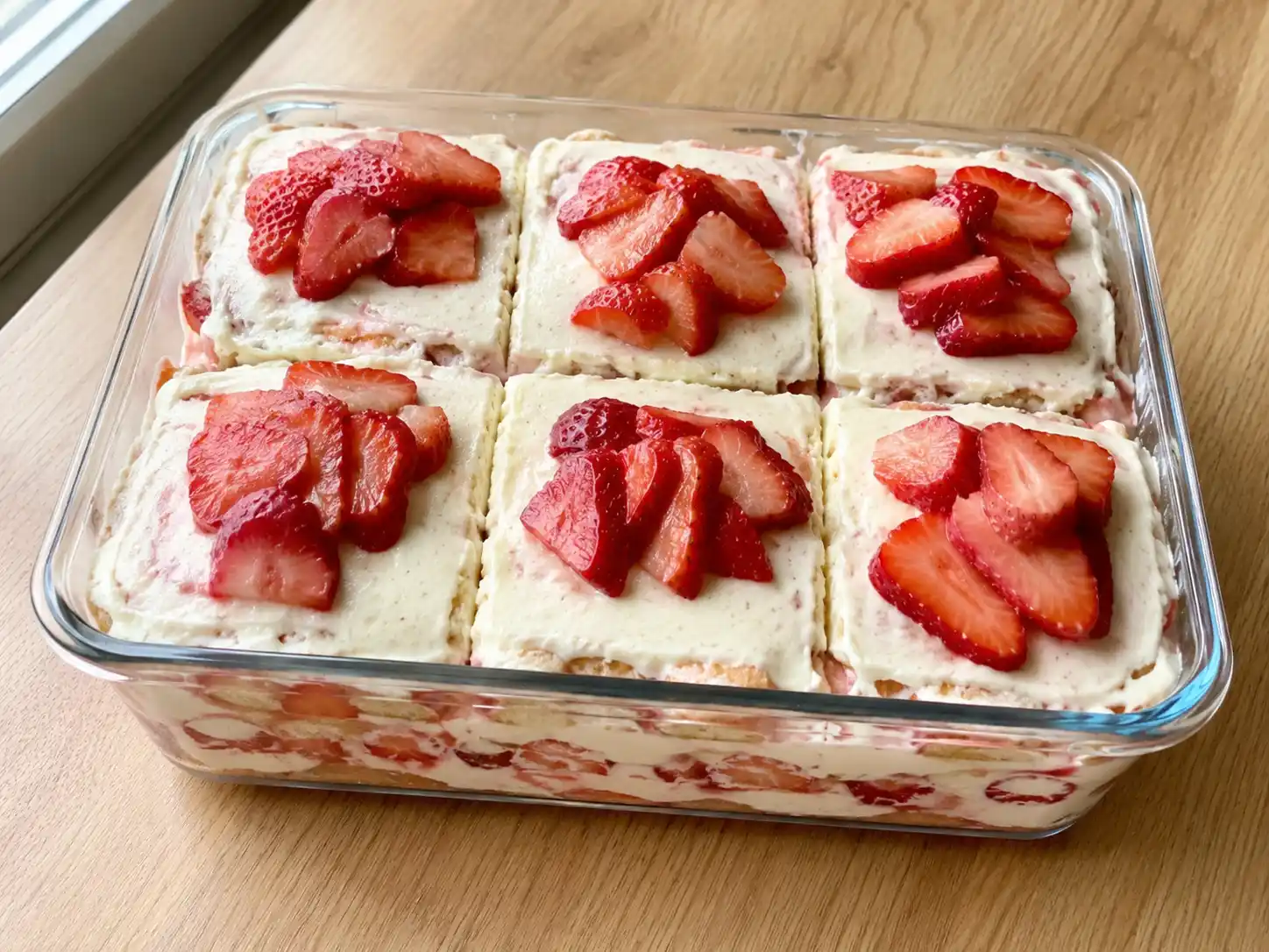 Tiramisù alle fragole senza uova in pirofila con crema al mascarpone, savoiardi e fragole fresche