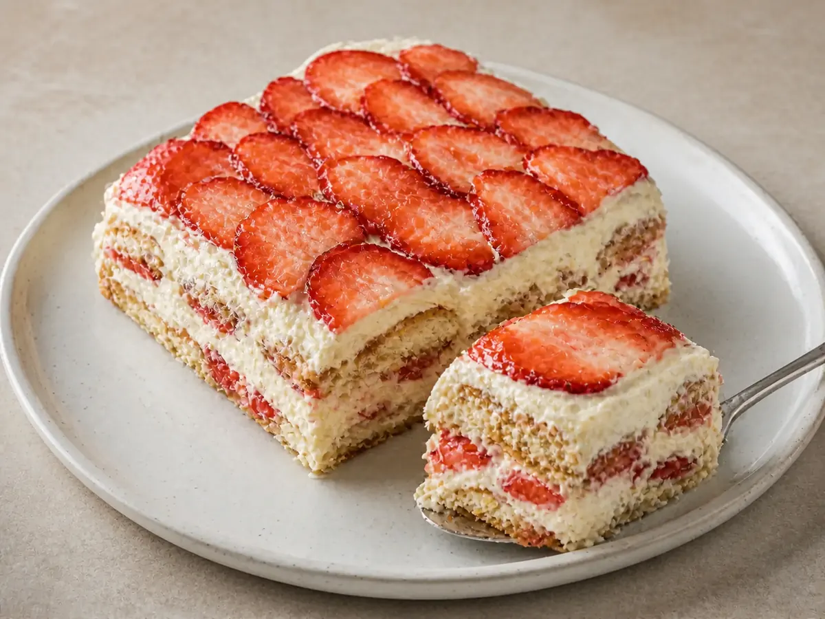 Tiramisù con le fragole in pirofila con crema al mascarpone, savoiardi e fragole fresche