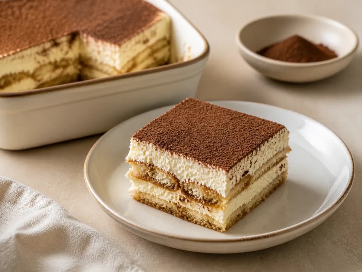 Tiramisù con panna cremoso senza uova con savoiardi al caffè, crema al mascarpone e cacao