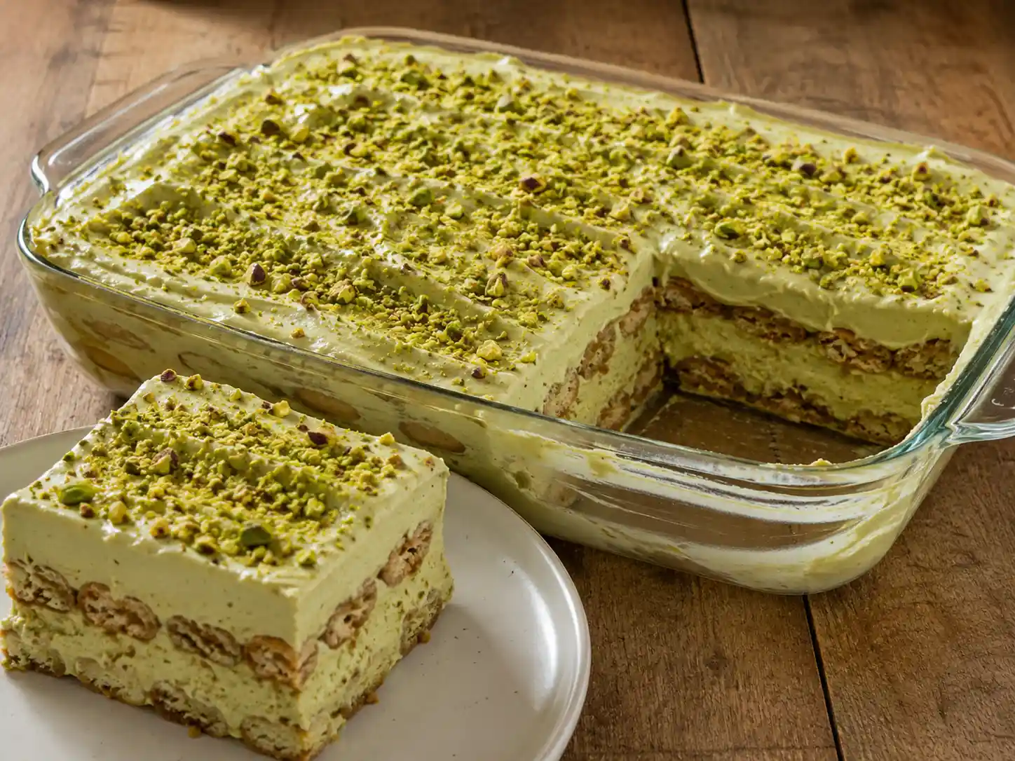 Tiramisù pistacchio in pirofila con crema al mascarpone, savoiardi al caffè e granella croccante