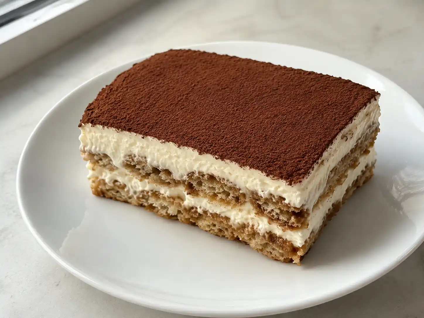 Tiramisù ricetta 250 gr mascarpone con strati di savoiardi al caffè, crema soffice e cacao amaro in superficie.