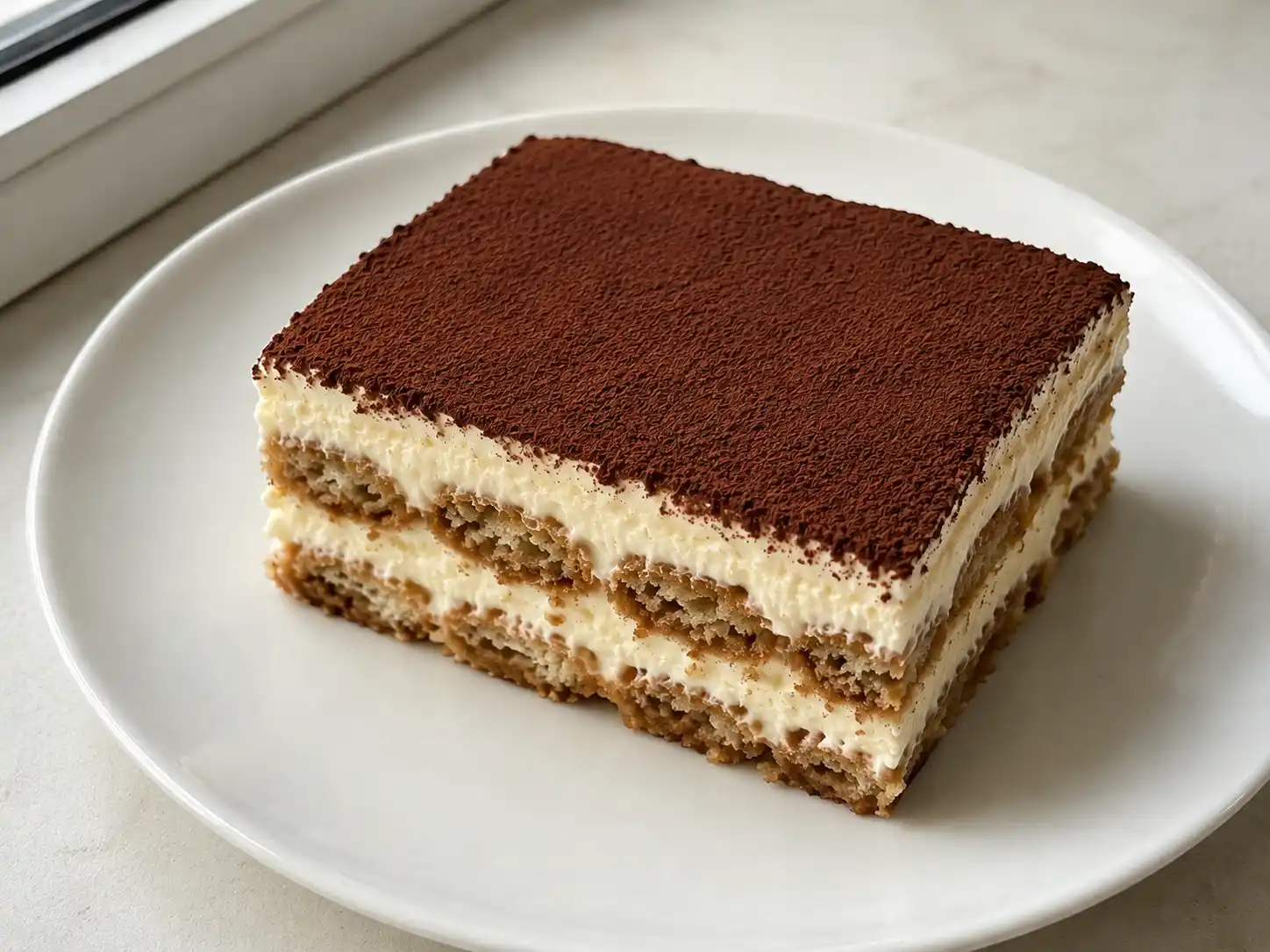 Tiramisù ricetta della nonna con savoiardi al caffè, crema al mascarpone soffice e uno strato uniforme di cacao amaro.