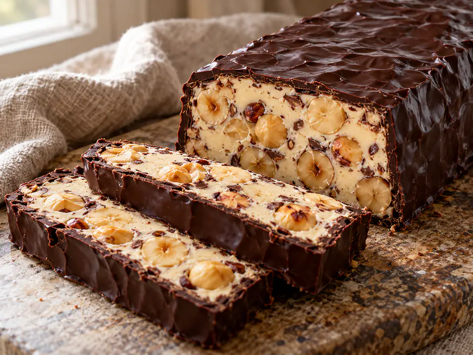 Fette di torrone dei morti con guscio fondente scuro e ripieno chiaro alle nocciole intere