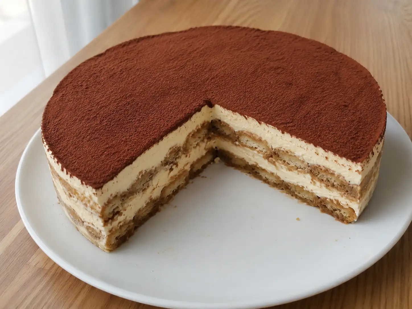 Torta al tiramisù con savoiardi, crema al mascarpone e cacao amaro servita a fette