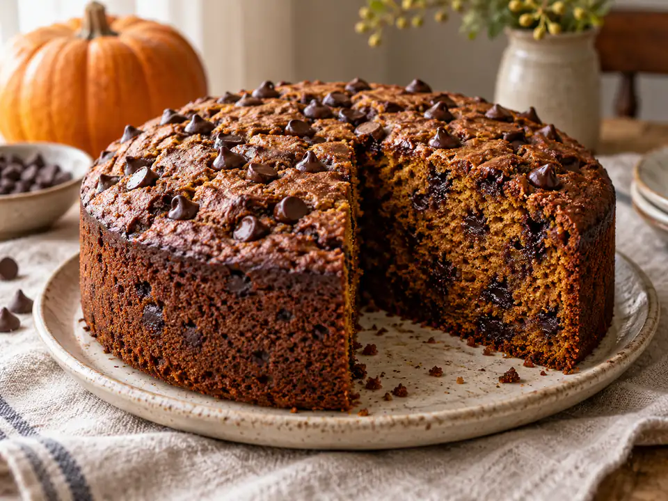 Torta soffice alla zucca e cioccolato tagliata, mollica scura con gocce fondenti visibili