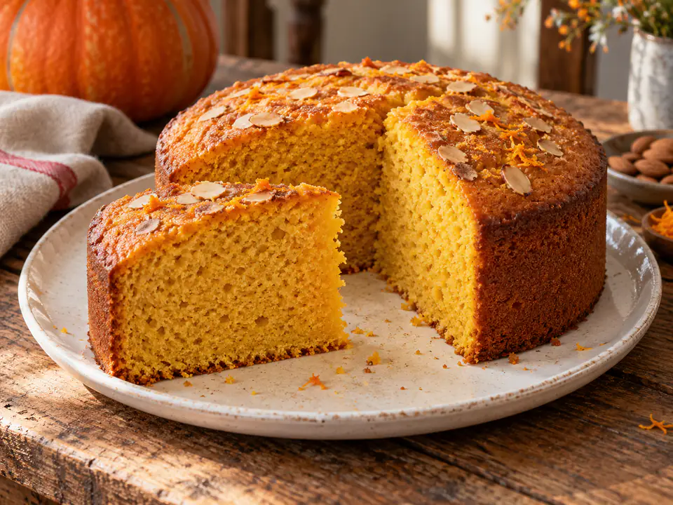 Torta alla zucca soffice tagliata a fette, con mollica arancione uniforme e superficie dorata su un piatto