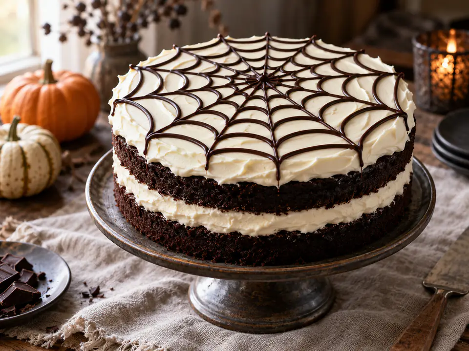 Torta di Halloween al cacao con crema bianca e ragnatela di cioccolato fondente in luce naturale