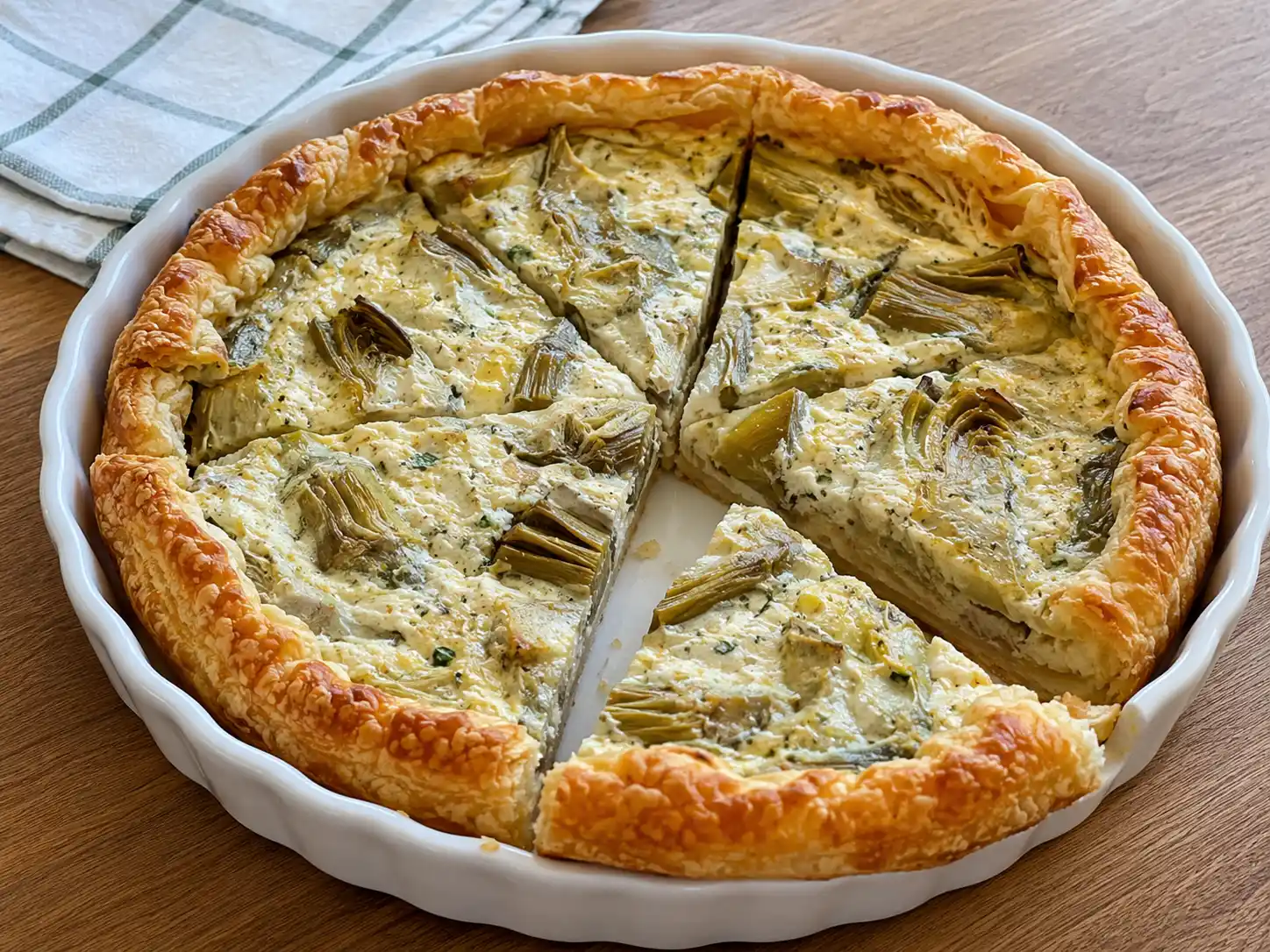 Torta salata ai carciofi della nonna tagliata a fette con ripieno di ricotta e carciofi teneri
