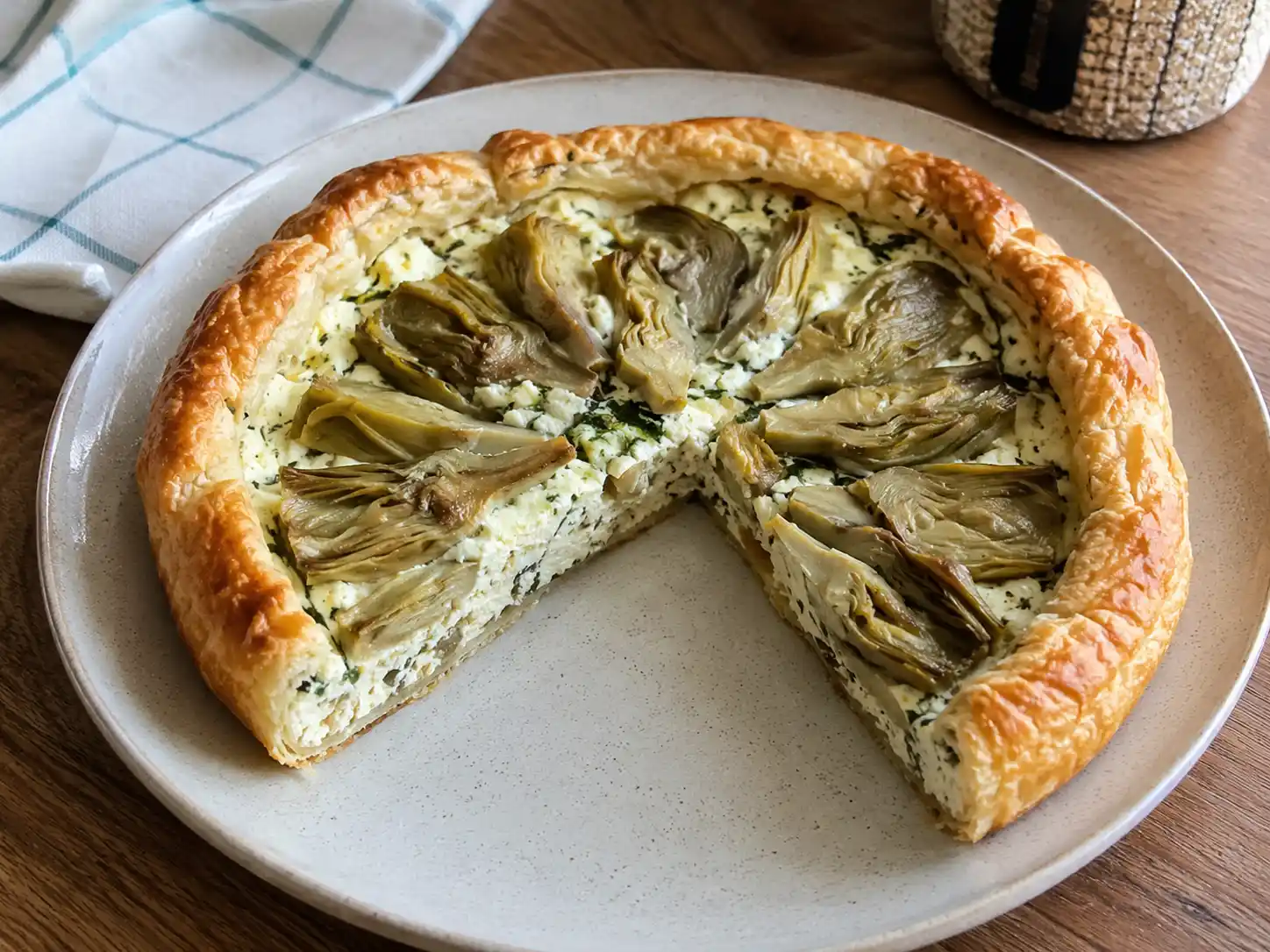 Torta salata ai carciofi con ricotta, sfoglia dorata e fette di carciofo in superficie