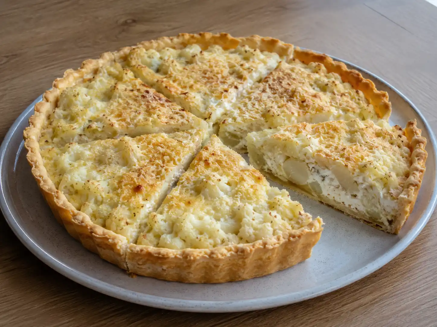 Torta salata al cavolfiore a fette, dorata, con ripieno cremoso di ricotta e parmigiano