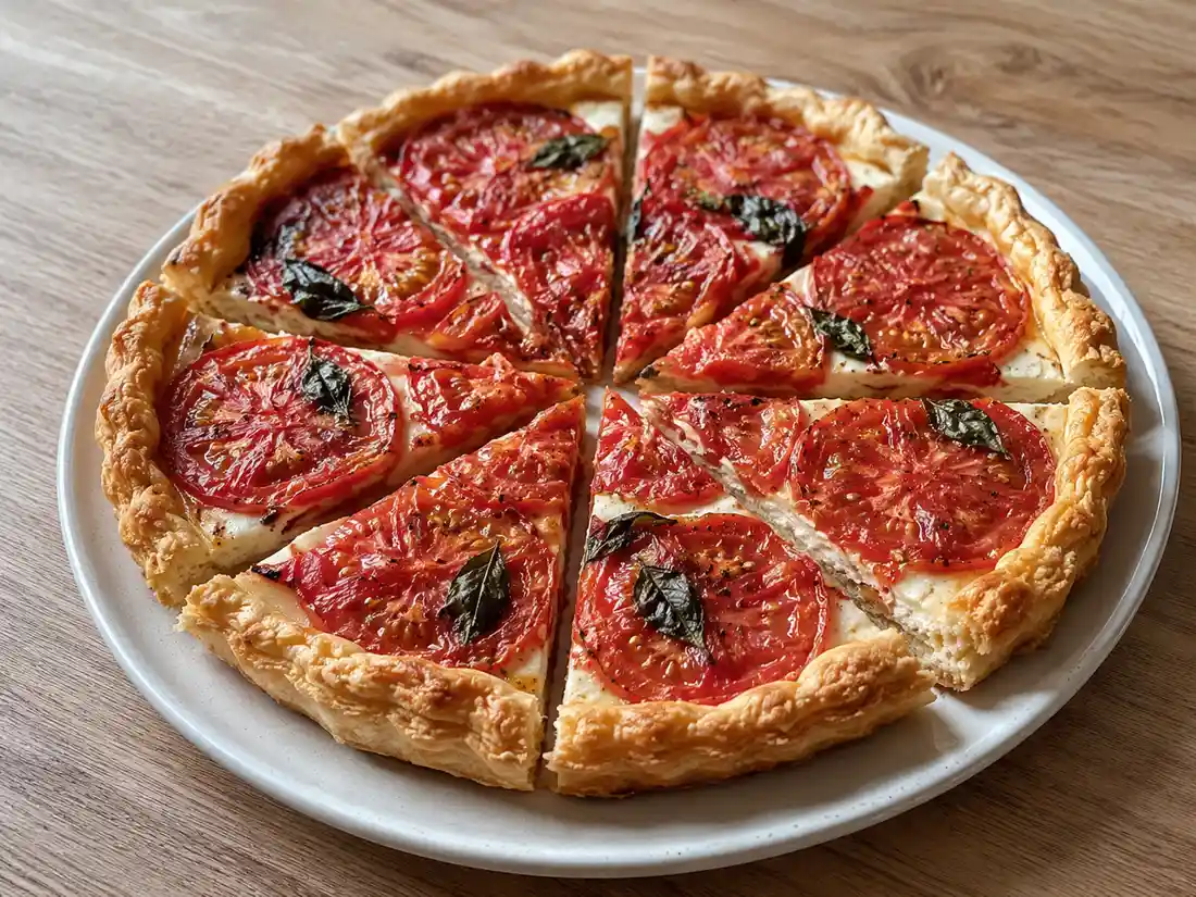 Torta salata al pomodoro con base friabile, ricotta cremosa e fette di pomodoro al forno