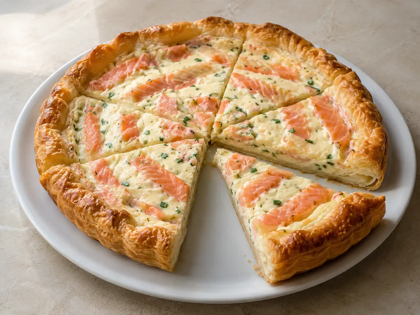 Torta salata al salmone affumicato dorata con ripieno cremoso di ricotta e sfoglia friabile