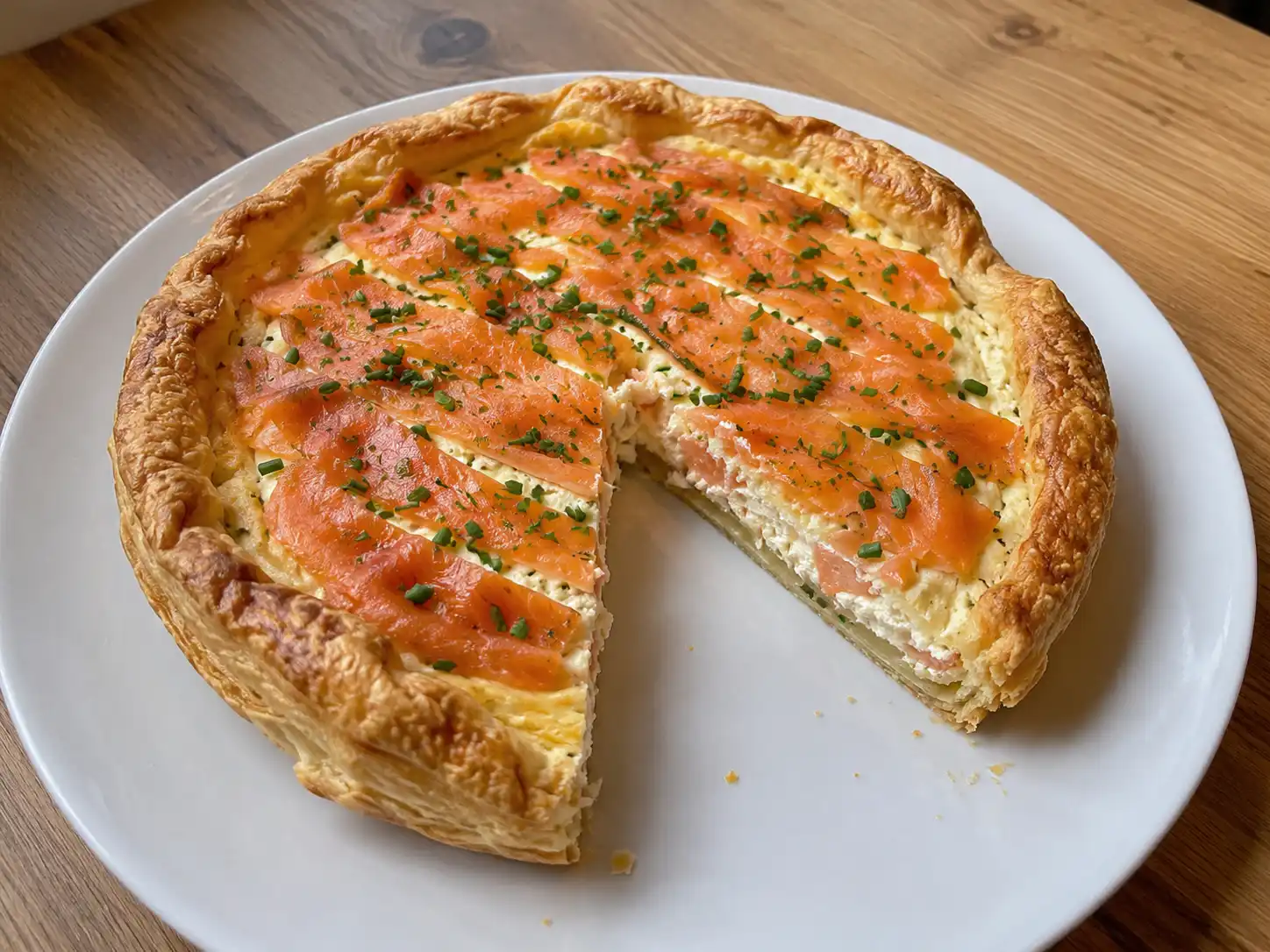 Torta salata al salmone dorata con ripieno cremoso di ricotta e fette visibili