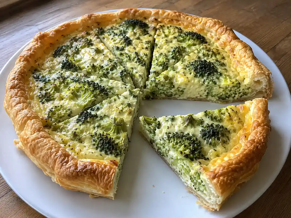 Torta salata broccoli cremosa a fette, con sfoglia dorata e ripieno verde di ricotta e uova