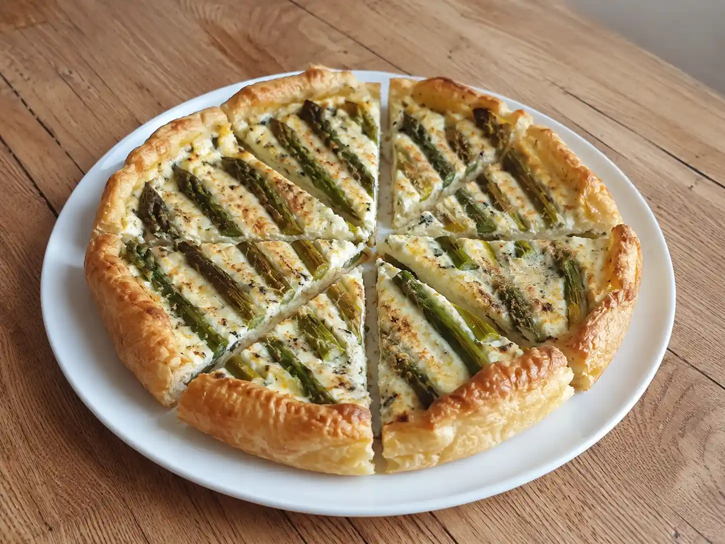 Torta salata con asparagi e ricotta tagliata a fette, con sfoglia dorata e ripieno cremoso