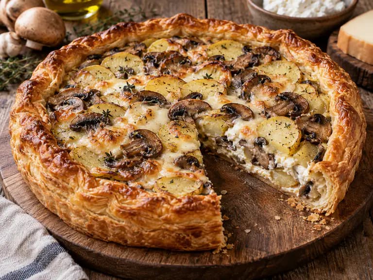 torta salata funghi e patate fatta in casa, servita con consistenza e ingredienti principali ben visibili