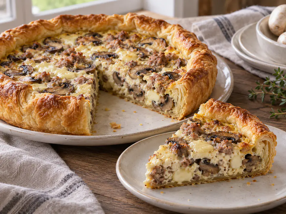 Torta salata funghi e salsiccia con bordo di sfoglia dorata e ripieno visibile di funghi e carne cotta, tagliata a spicchi