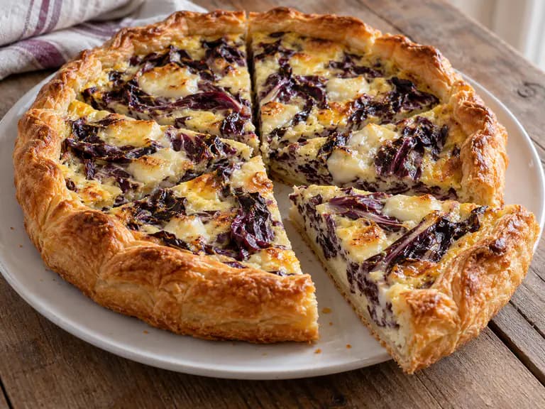 Torta salata radicchio e scamorza a spicchi, con sfoglia dorata e ripieno filante viola e chiaro