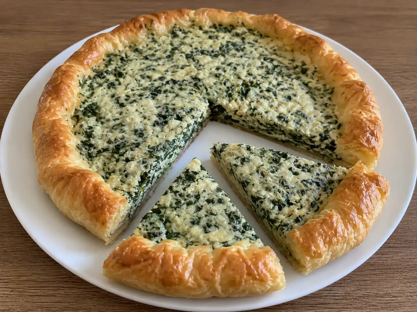 Torta salata ricotta e spinaci con sfoglia dorata e ripieno cremoso tagliata a fette