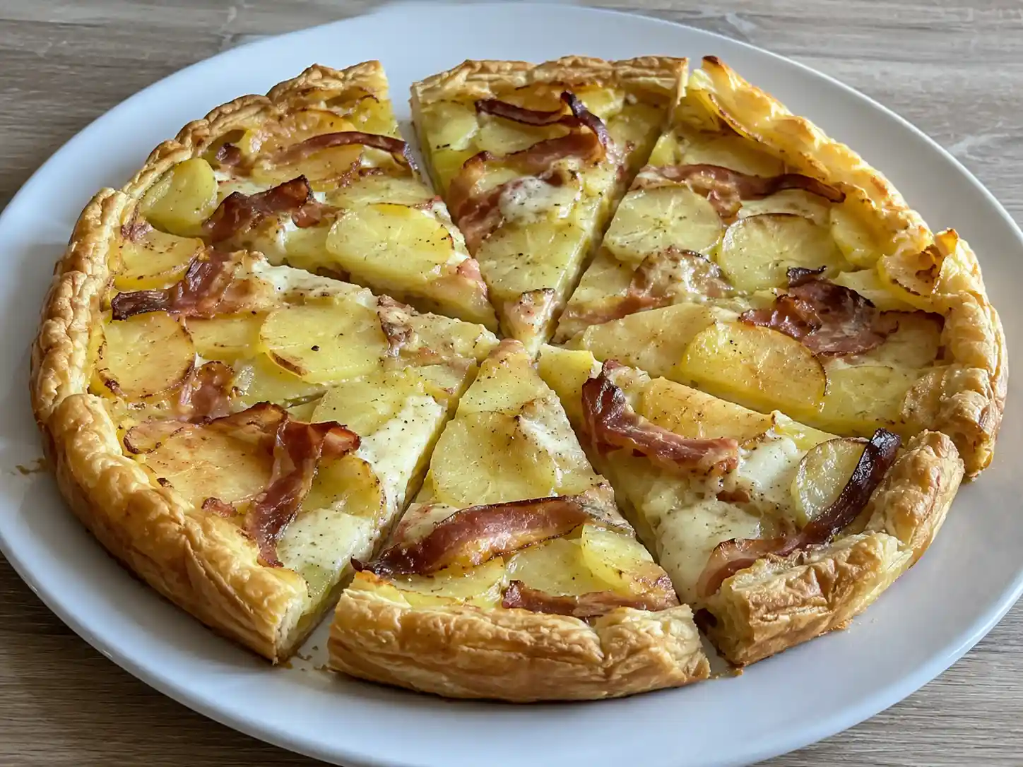 Torta salata speck e patate a fette con sfoglia dorata, patate morbide e scamorza filante