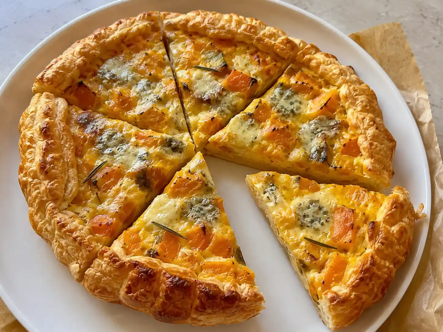Torta salata zucca e gorgonzola a fette con sfoglia dorata e ripieno cremoso arancione