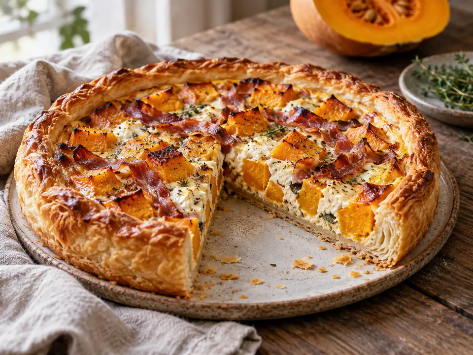 Fetta di torta salata con guscio di sfoglia dorata, cubetti di zucca e speck in luce naturale