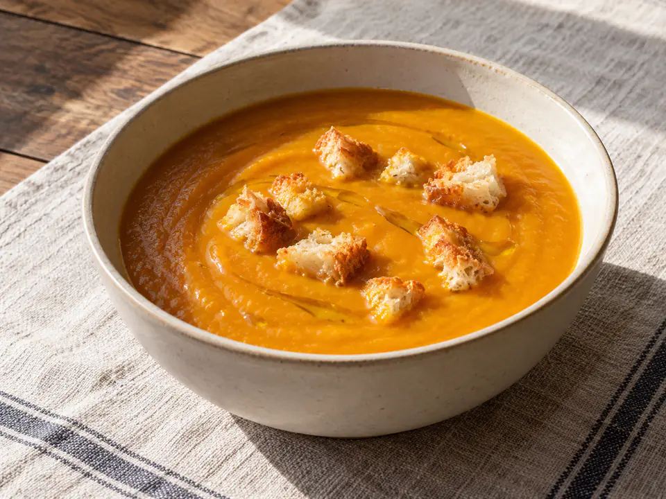 Vellutata di zucca e patate arancione e densa in una scodella, con piccoli crostini dorati