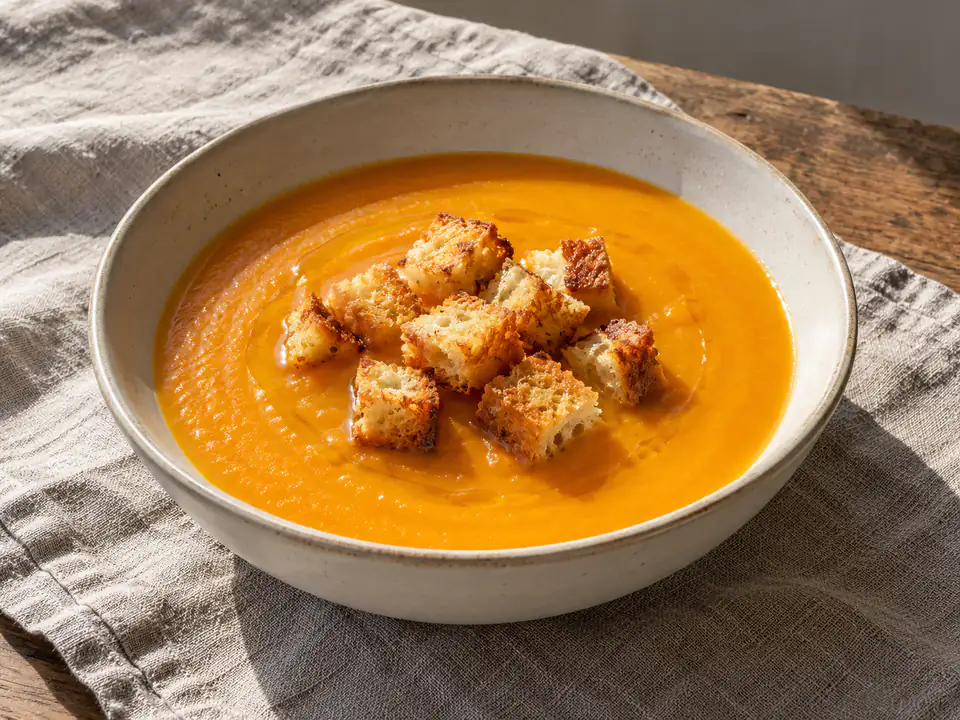 Vellutata di zucca arancione e liscia in una scodella chiara, con crostini dorati e un filo di olio