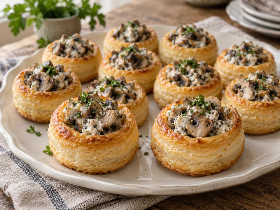 Vol-au-vent ai funghi, piccoli cestini dorati con champignon affettati in un ripieno cremoso, su un piatto chiaro