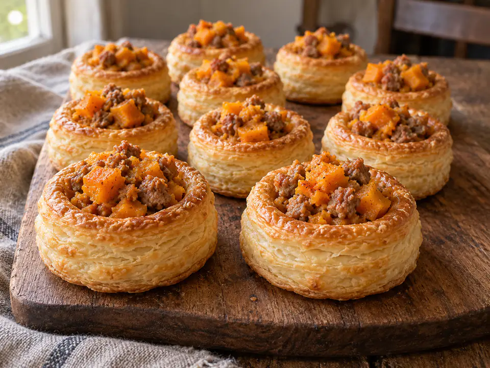 Vol-au-vent con zucca e salsiccia, cestini dorati riempiti con verdura arancione e piccoli pezzi di carne cotta