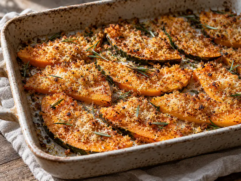 Fette di zucca gratinata arancione con crosta dorata di pangrattato e Parmigiano