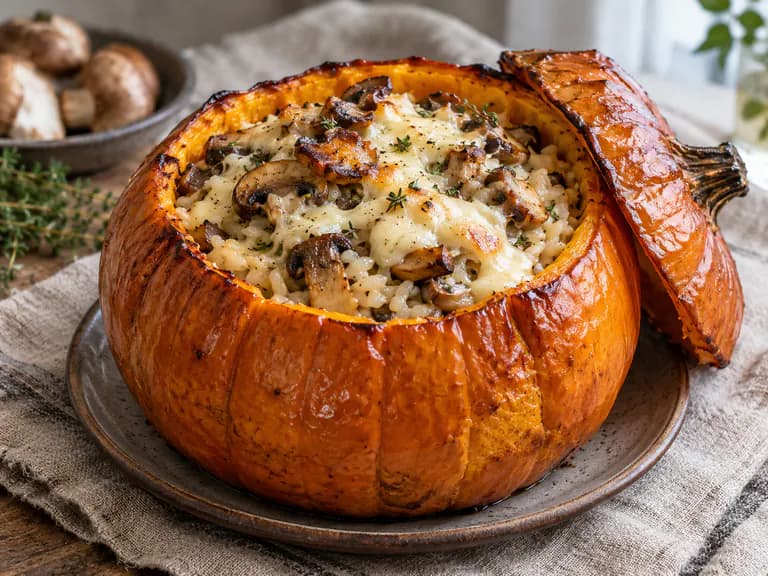 Zucca intera al forno aperta, ripiena di riso, funghi e scamorza fusa in luce naturale